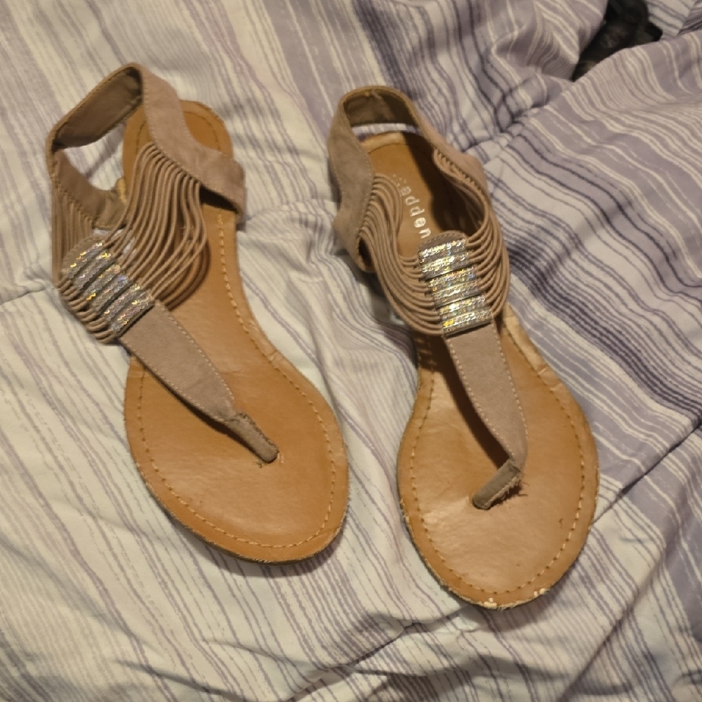 Madden Girl Tan Sandals with Metallic Straps